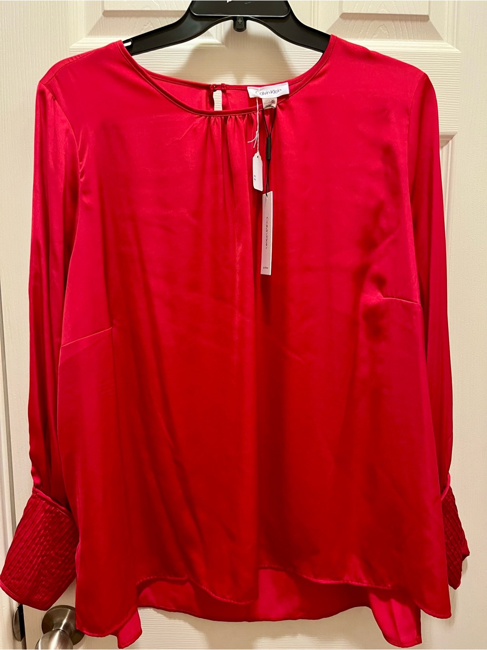 Calvin Klein 2X Red Satin Like Blouse Gold Button Cuff NWT